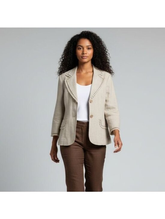 Newport News Jackets & Blazers - New Beige Linen Cotton Blend Lace Trim Blazer Jacket 3/4 Sleeves Newport News Si